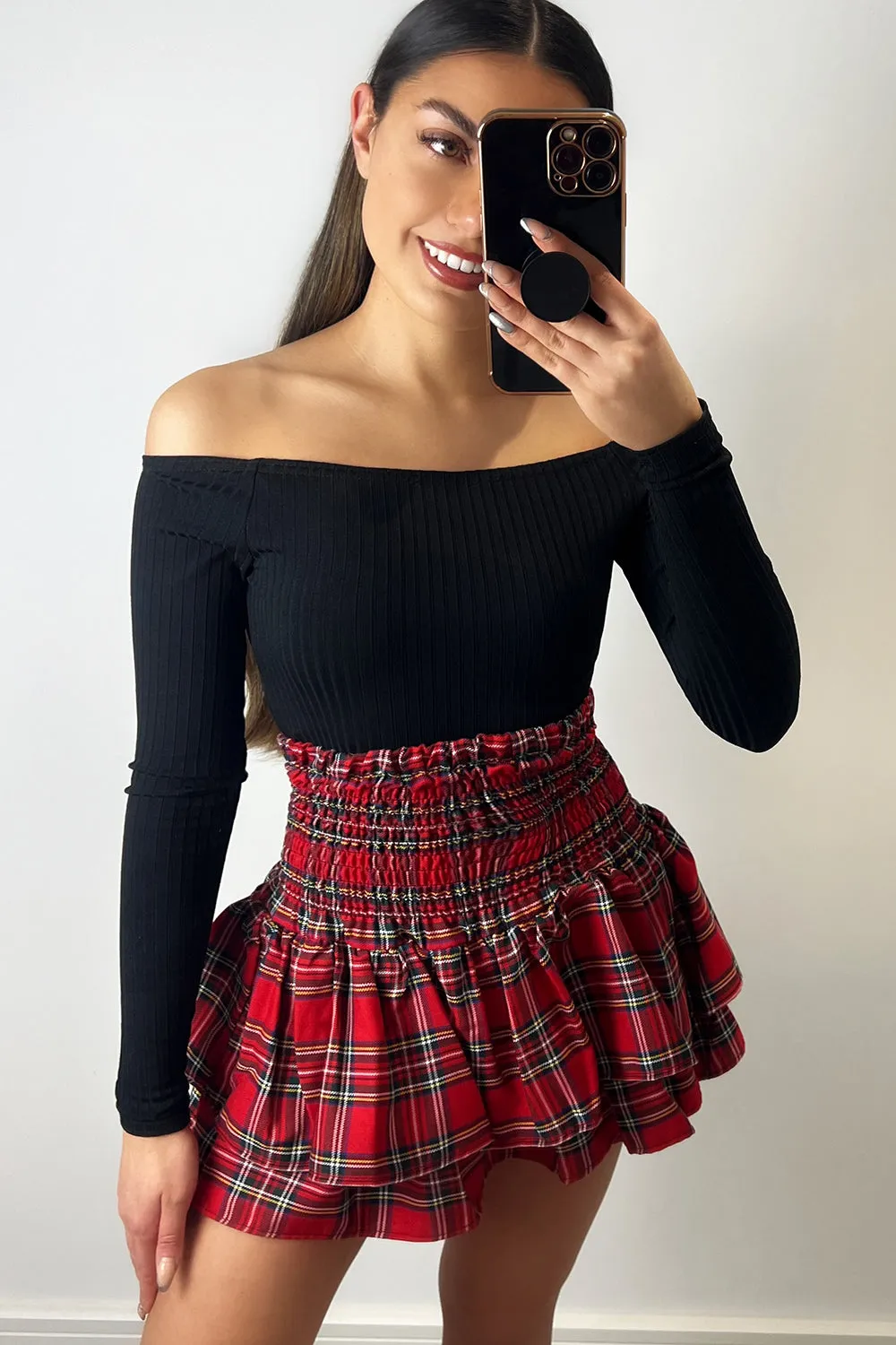 Cece Red Check Shirred Waist Ruffle Hem Mini Skirt