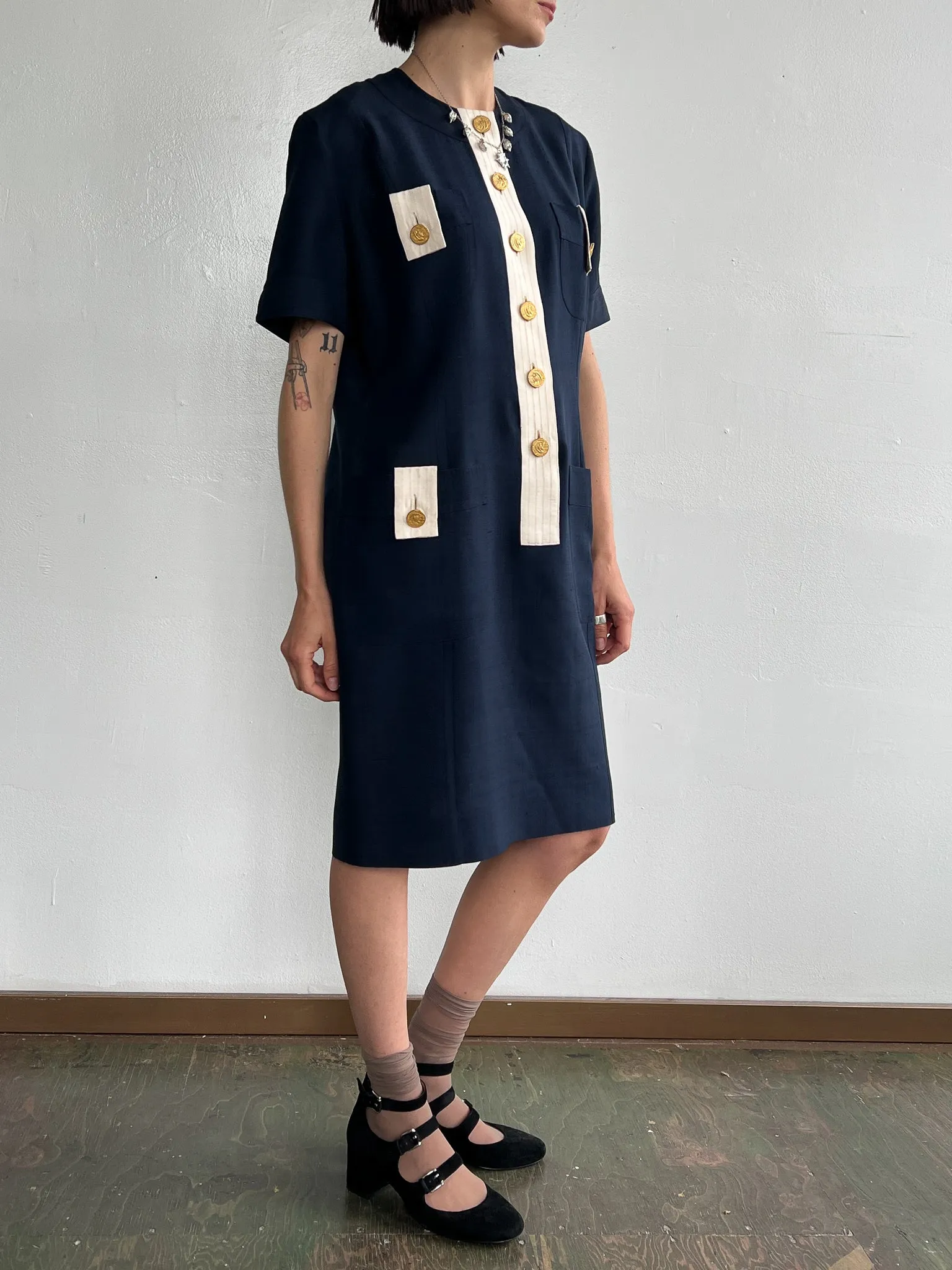 Celine Navy Silk Shirtdress (M)