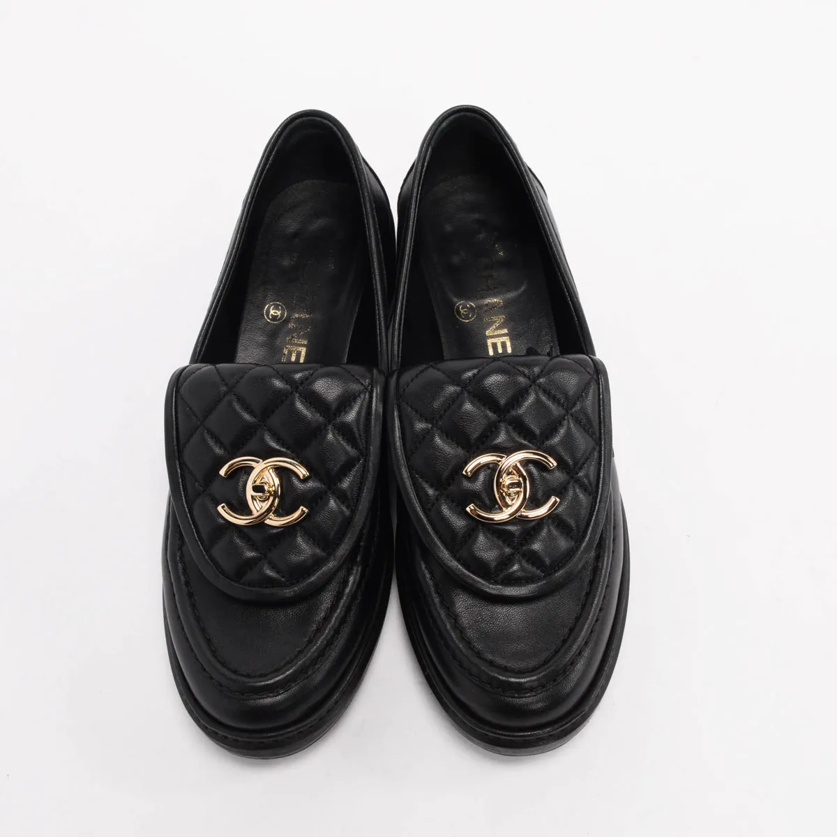 Chanel Black Quilted CC Turnlock Loafers 37.5