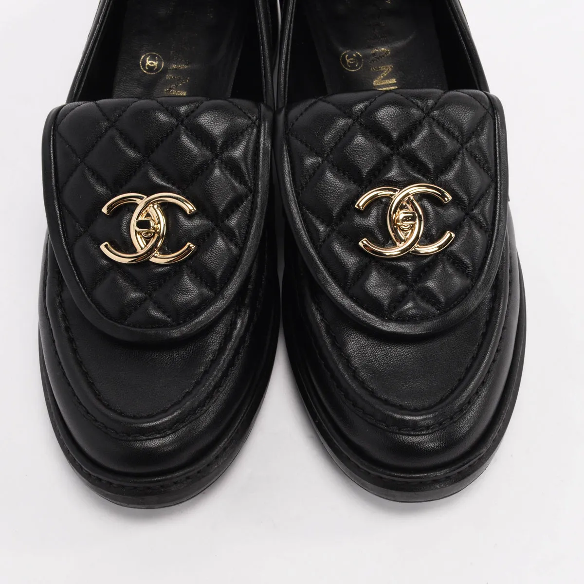 Chanel Black Quilted CC Turnlock Loafers 37.5