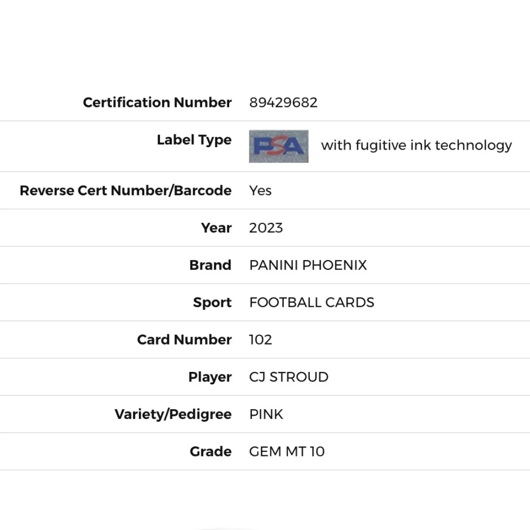 CJ Stroud PSA 10 2023 Panini Phoenix Pink Rookie RC #033/199 #102