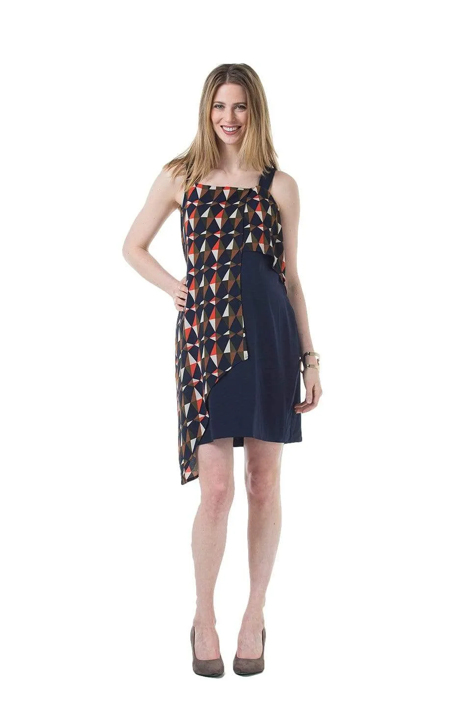 Claudie Sleeveless Overlap Strap Nursing Dress Navy Print