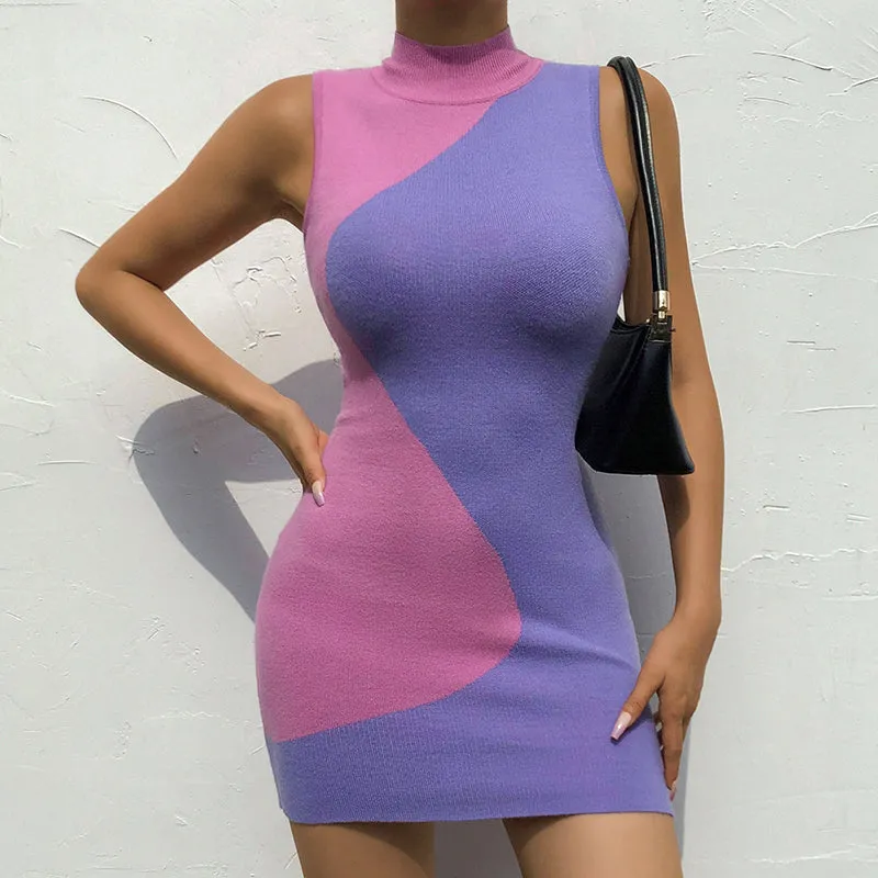 Contrast Color Knitted Bodycon Mini Dress