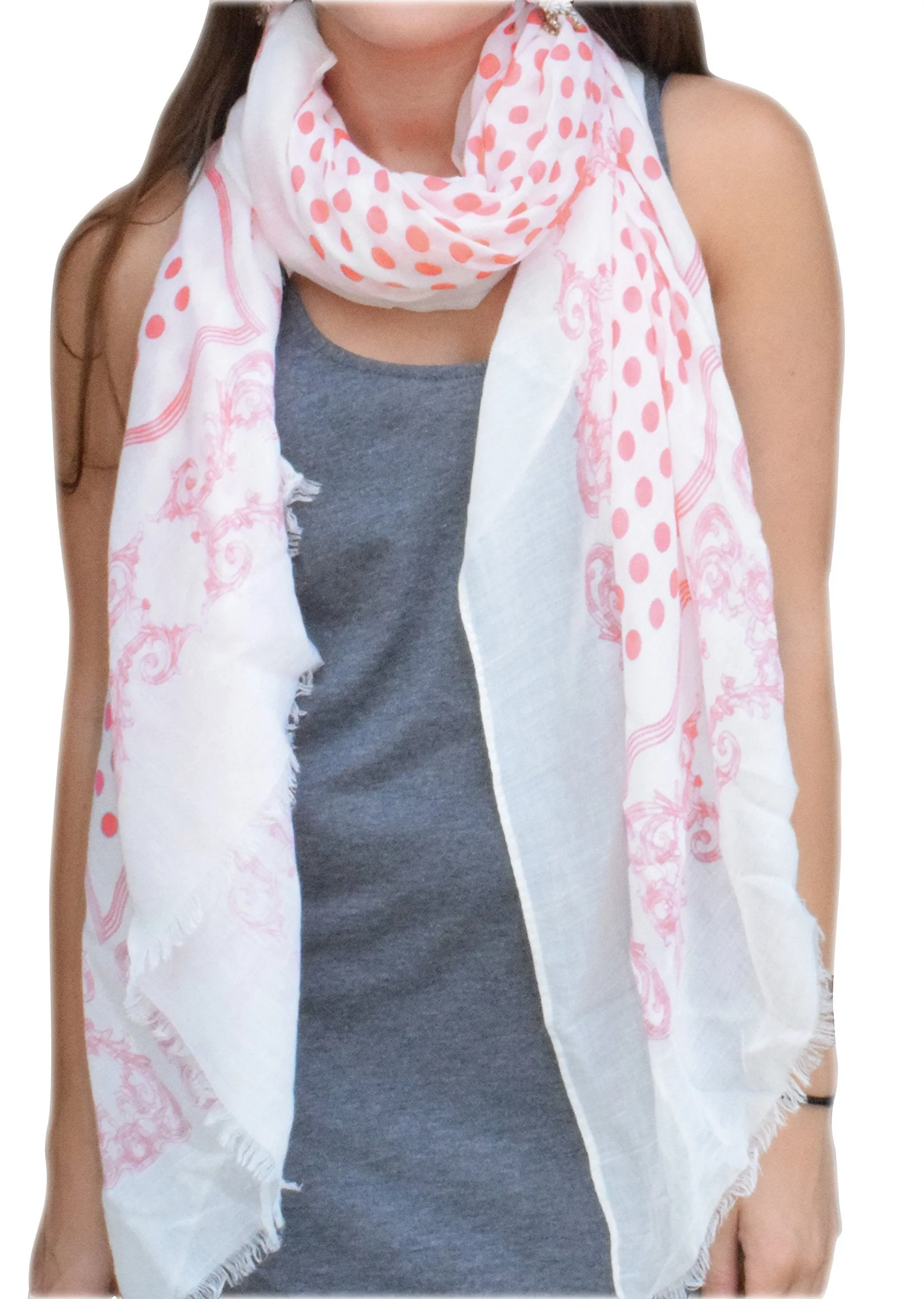 Coral Polka Dot Paisley Bordered Eyelash Fringe All Season Scarf