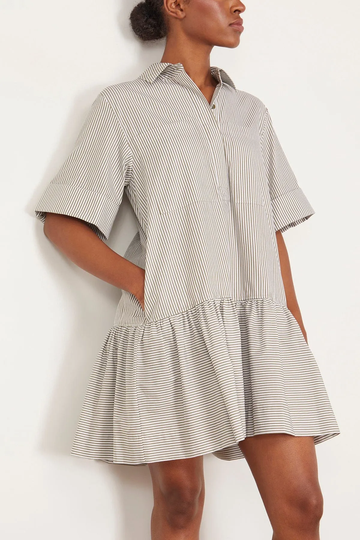 Cris Short Sleeve Shirt Dress in Army Green Stripes