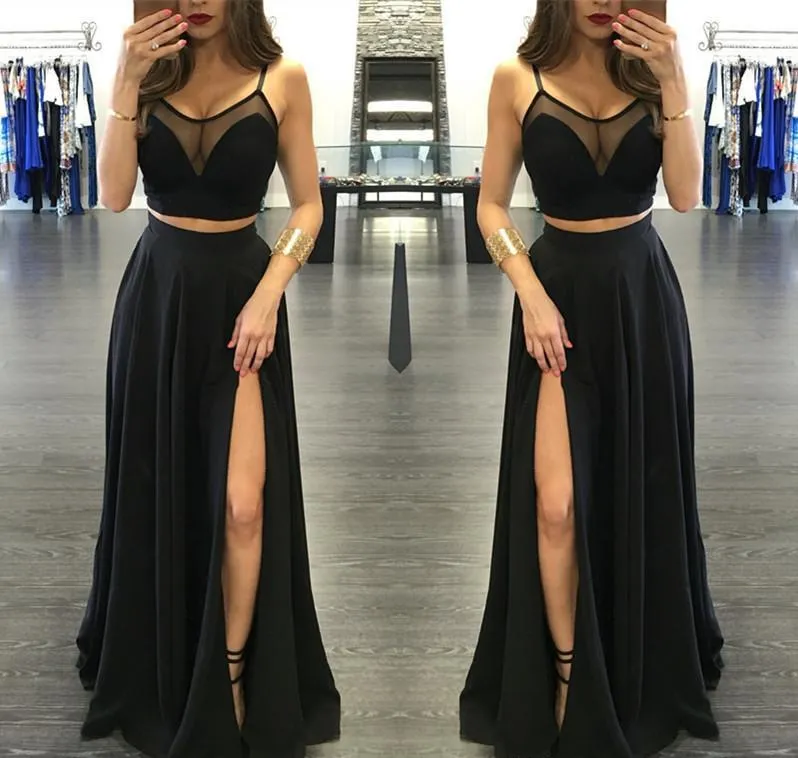 Custom Made A Line Round Neck 2 Pieces Black Prom Dresses, 2 Pieces Formal Dresses