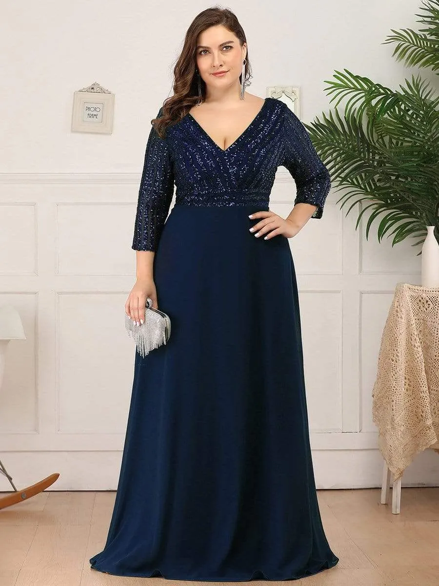 Custom Size V Neck A-Line Sequin Formal Evening Dress with Sleeve