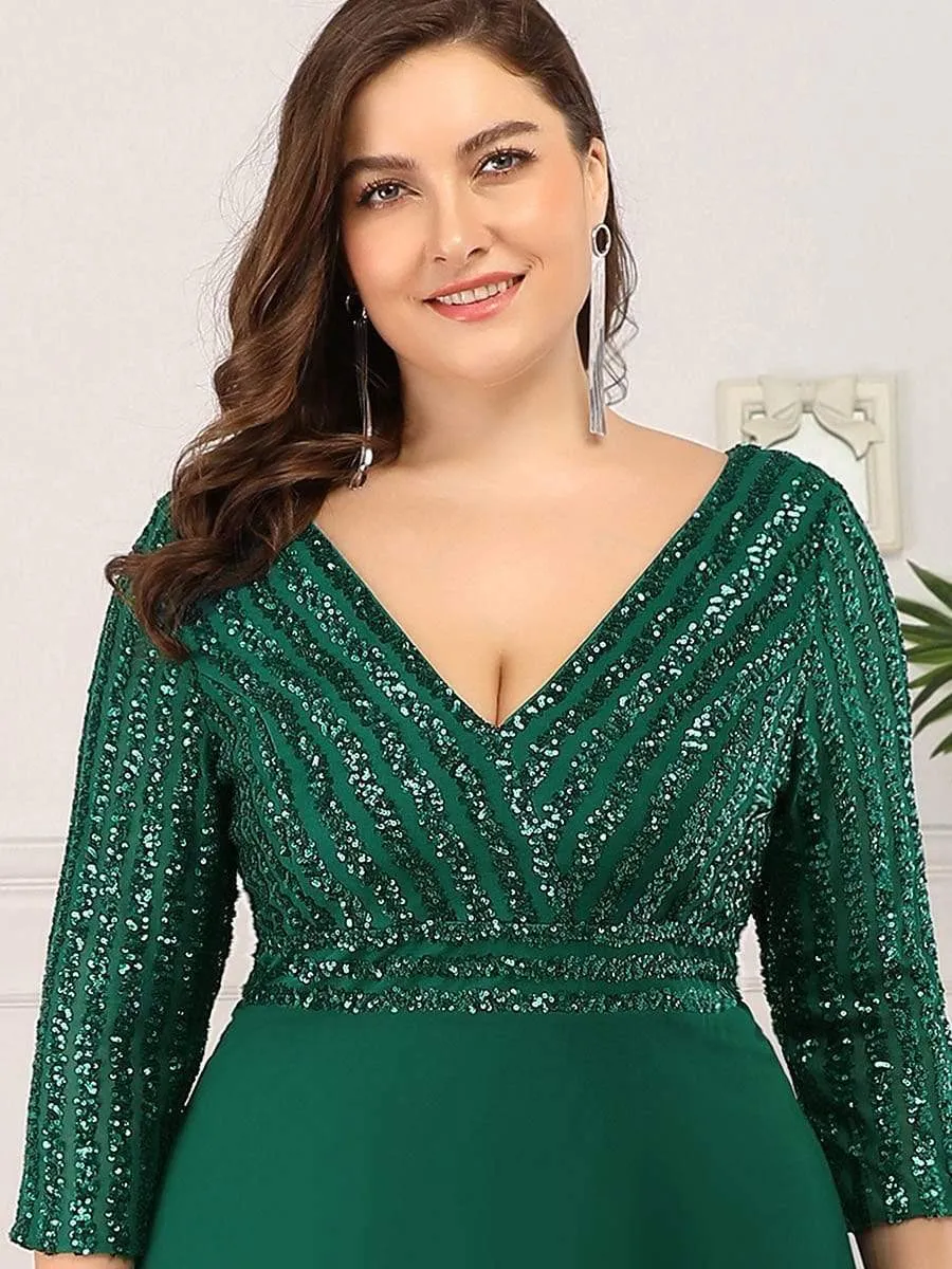 Custom Size V Neck A-Line Sequin Formal Evening Dress with Sleeve