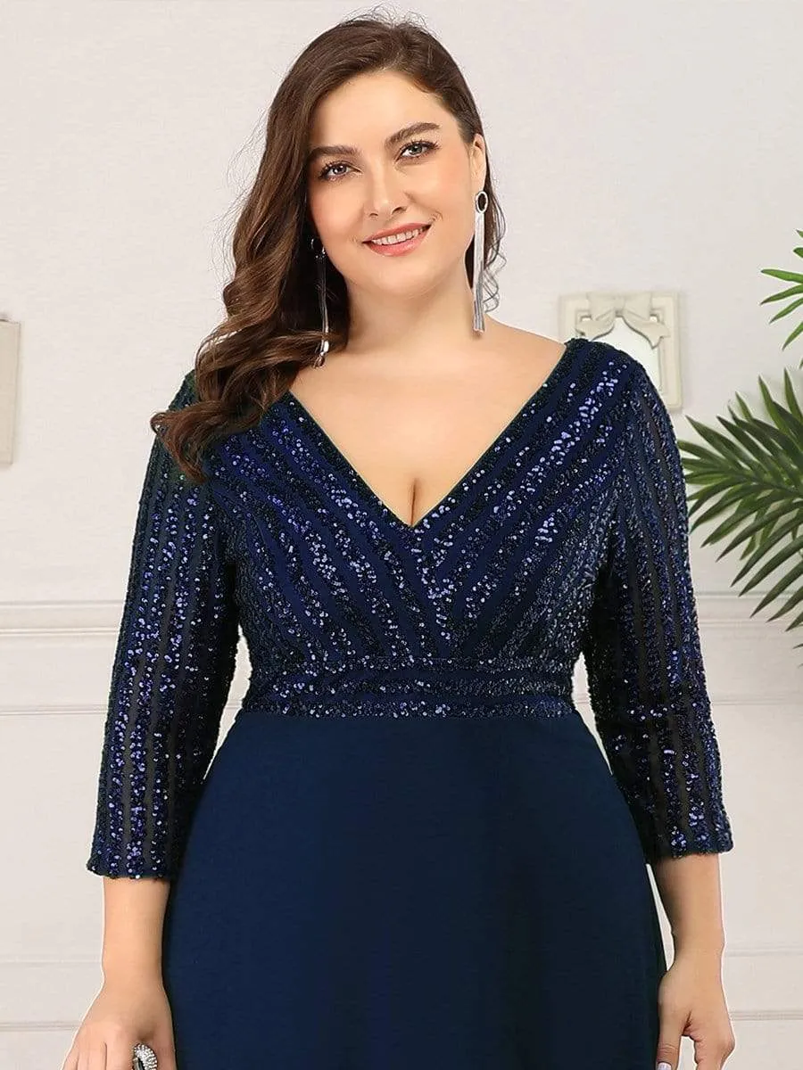 Custom Size V Neck A-Line Sequin Formal Evening Dress with Sleeve