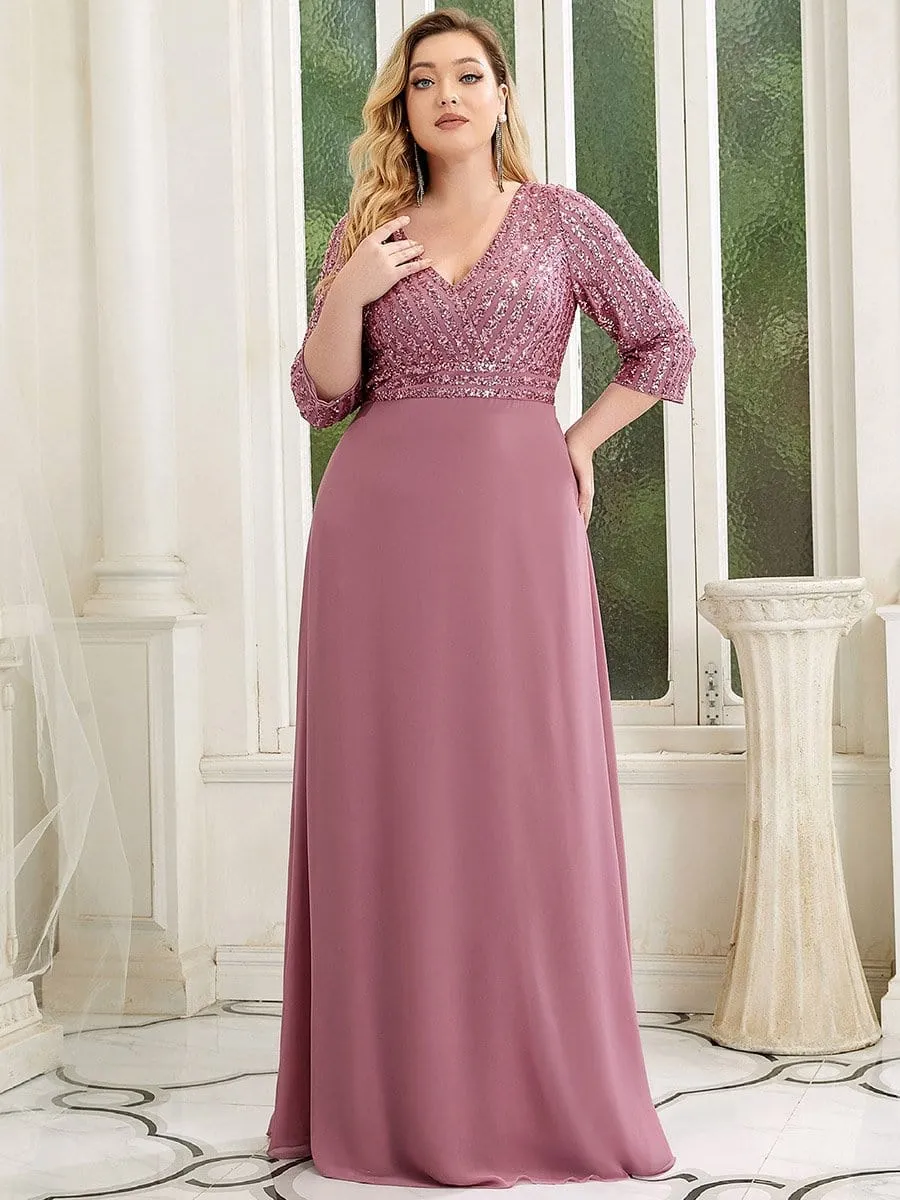 Custom Size V Neck A-Line Sequin Formal Evening Dress with Sleeve