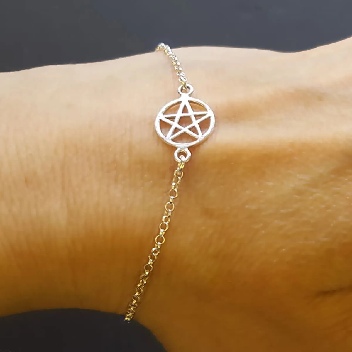 Dainty Pentagram Bracelet, adjustable, sterling silver