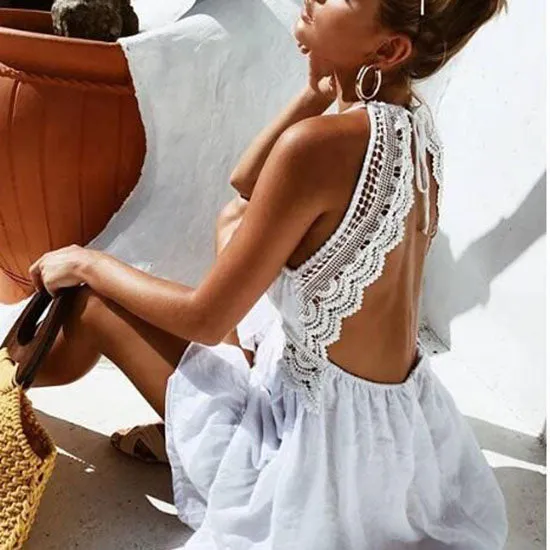 Deep V Neck Embroidery Lace Tiered Ruffle Dress Open Back