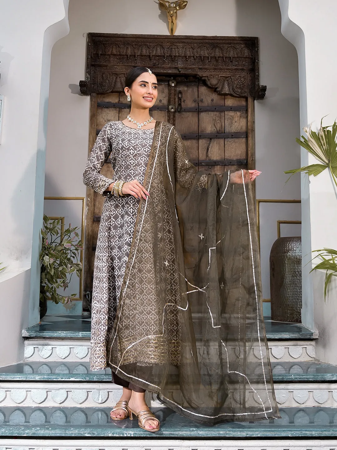 Divena Brown Asymetric Print Muslin Anarkali kurta pant with Dupatta Set