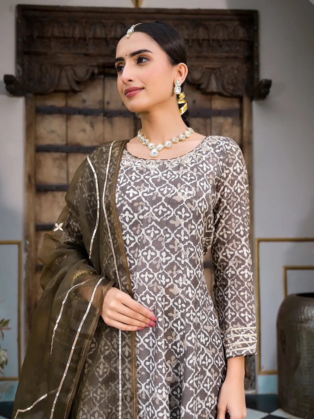 Divena Brown Asymetric Print Muslin Anarkali kurta pant with Dupatta Set