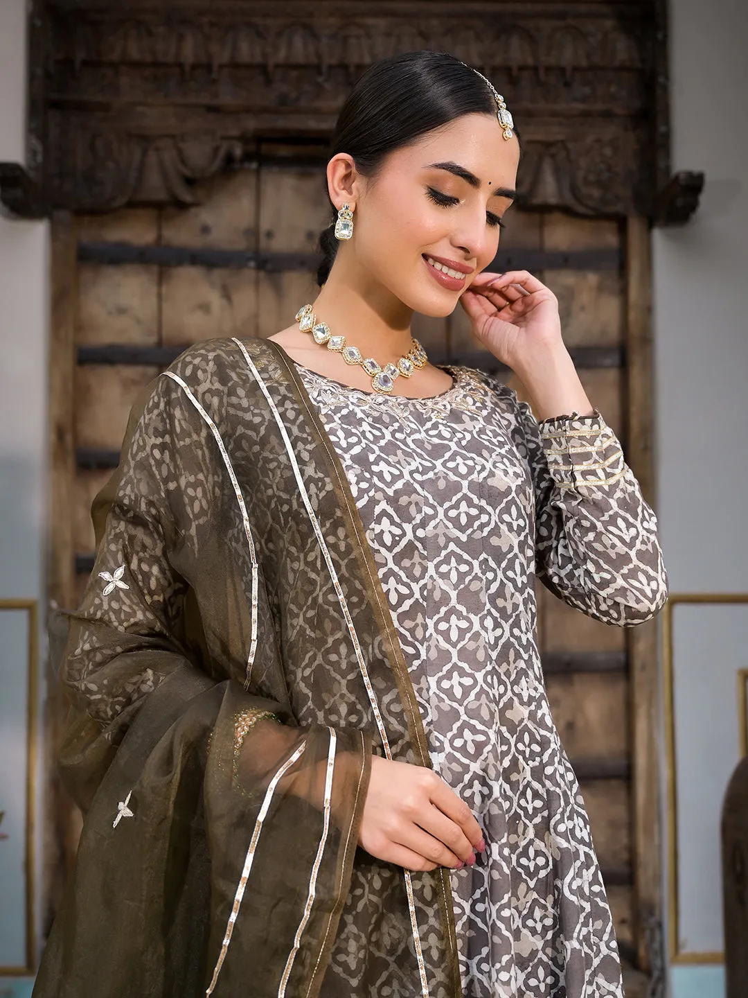 Divena Brown Asymetric Print Muslin Anarkali kurta pant with Dupatta Set