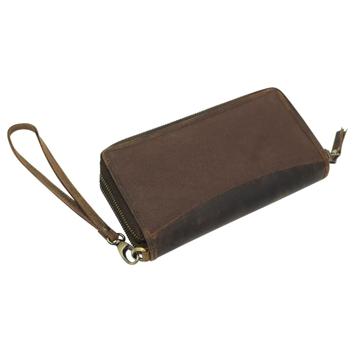 Double Zipper Rustic Leather RFID Vintage Wristlet Wallet For Women