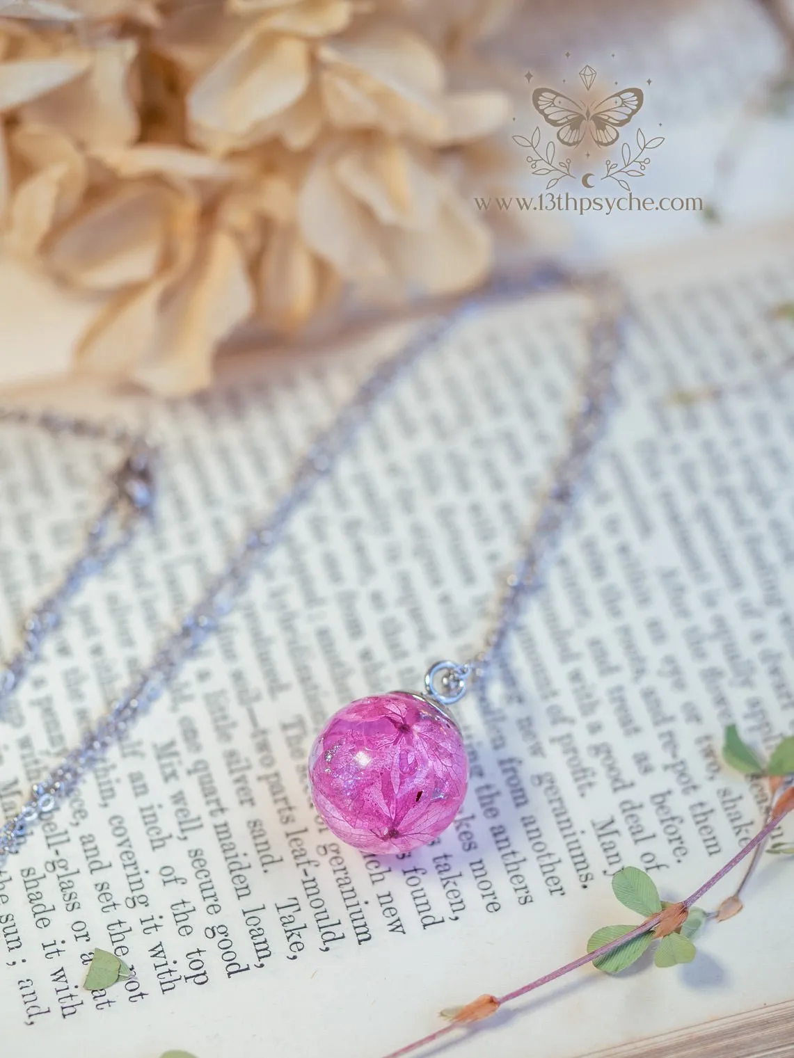 Dried hydrangea orb pendant necklace