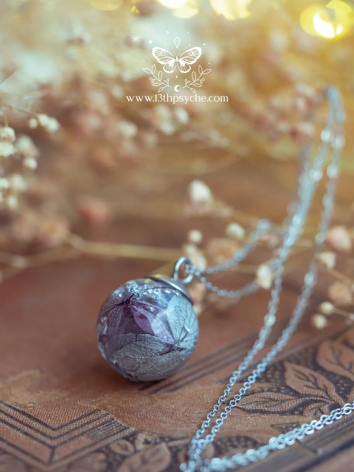 Dried hydrangea orb pendant necklace