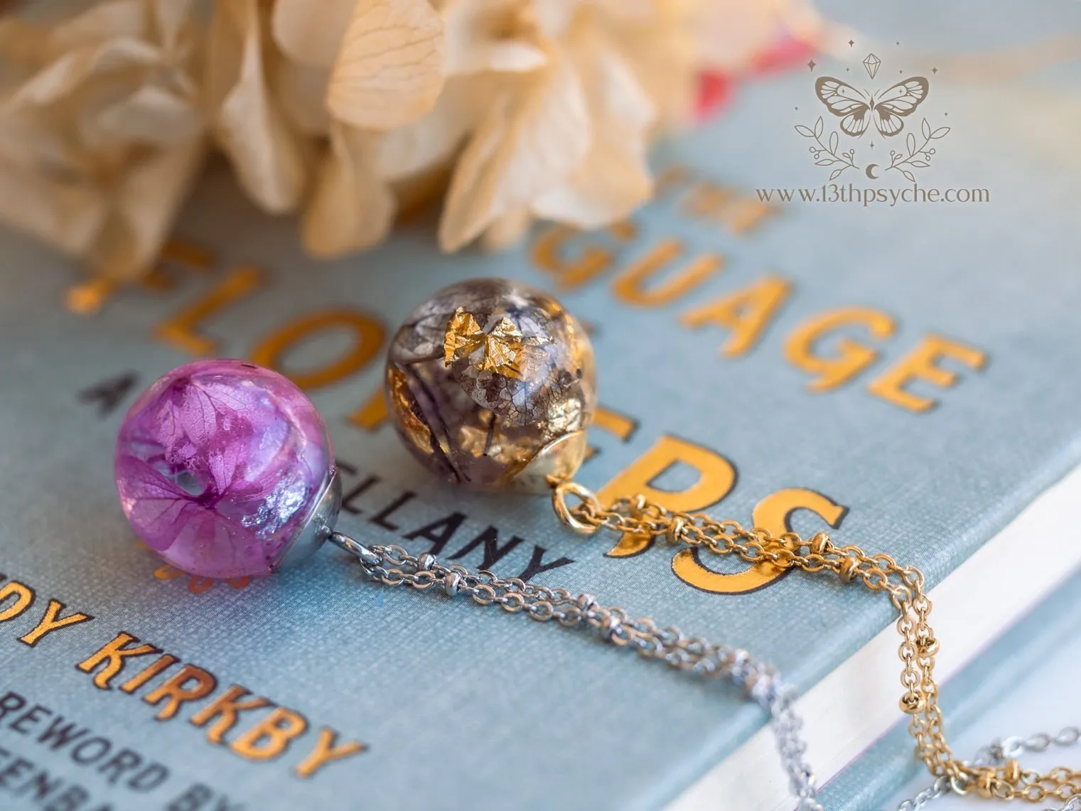 Dried hydrangea orb pendant necklace