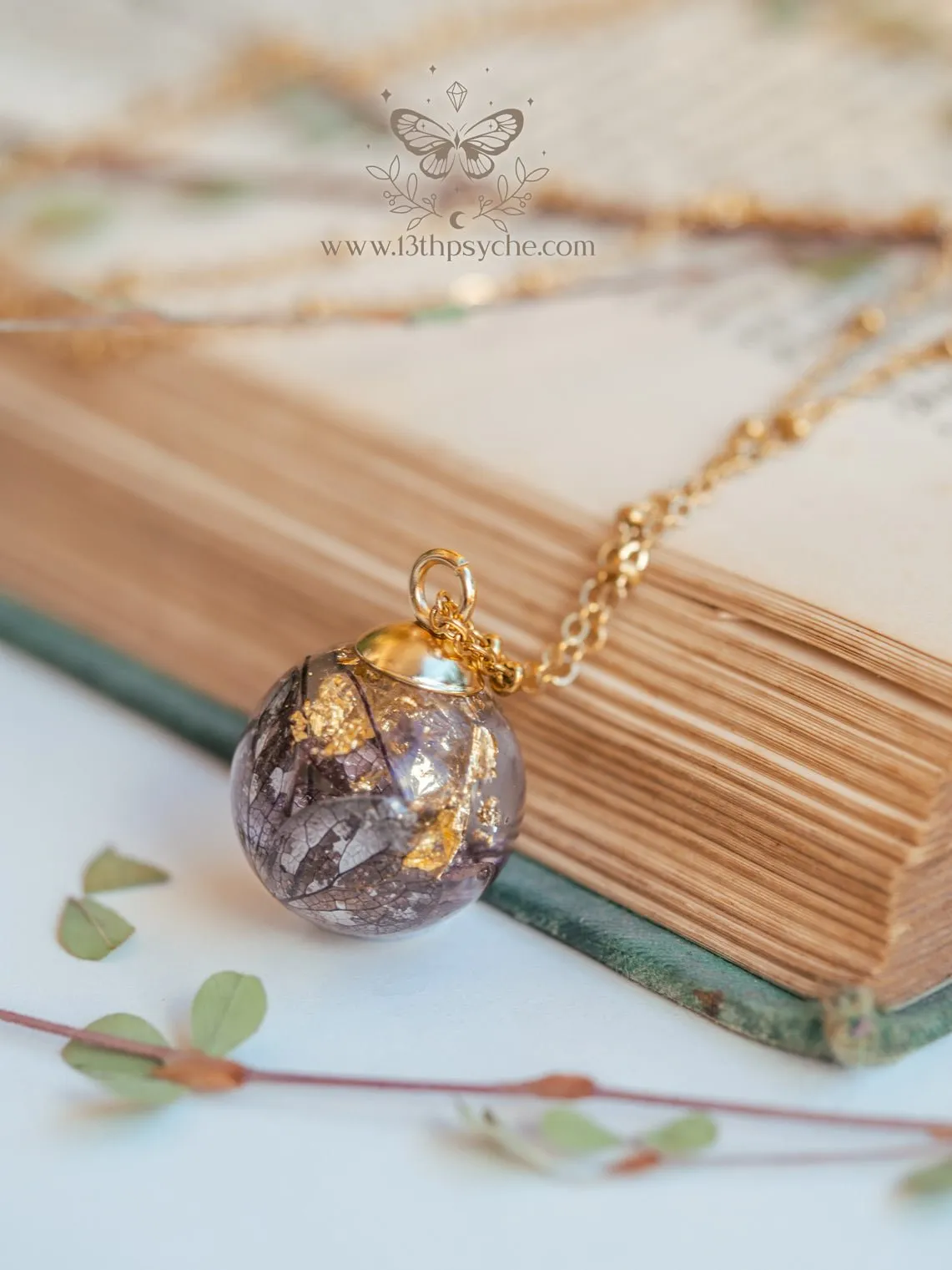 Dried hydrangea orb pendant necklace