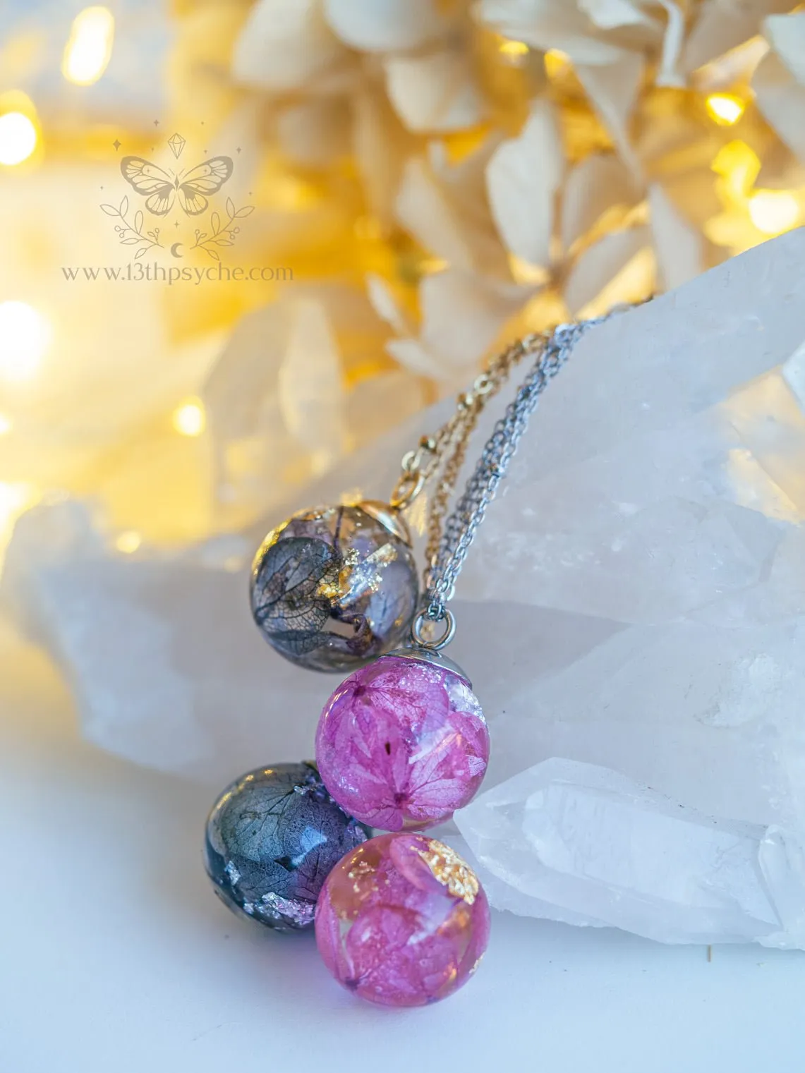 Dried hydrangea orb pendant necklace