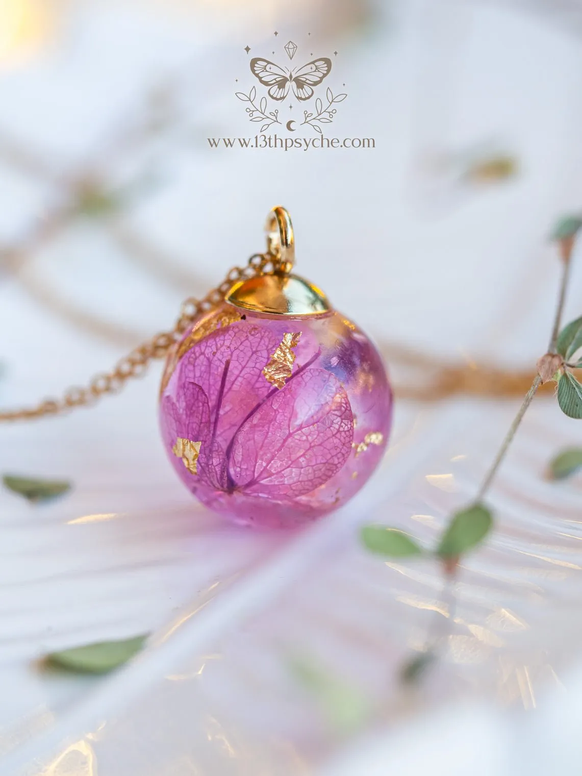 Dried hydrangea orb pendant necklace