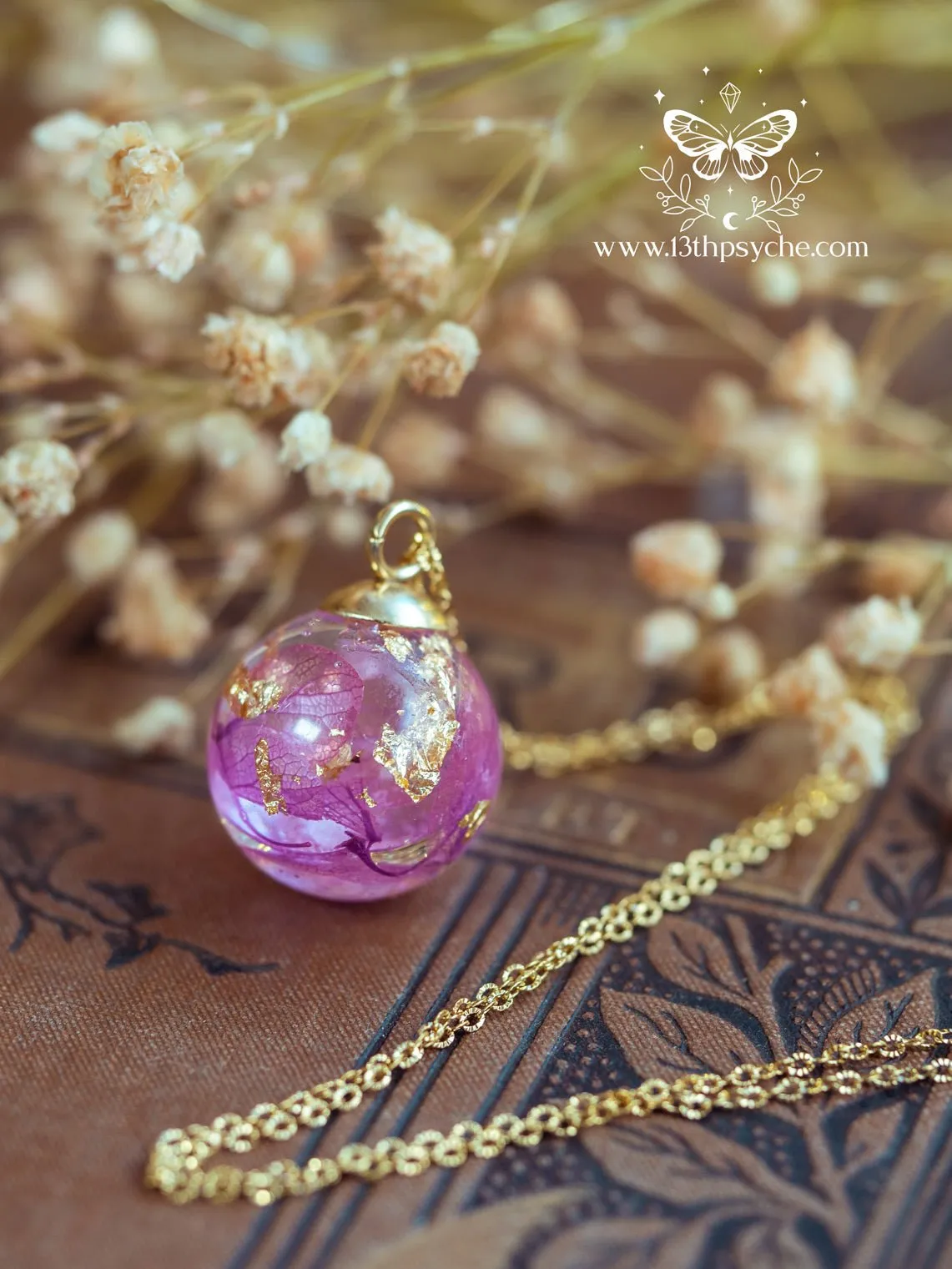 Dried hydrangea orb pendant necklace