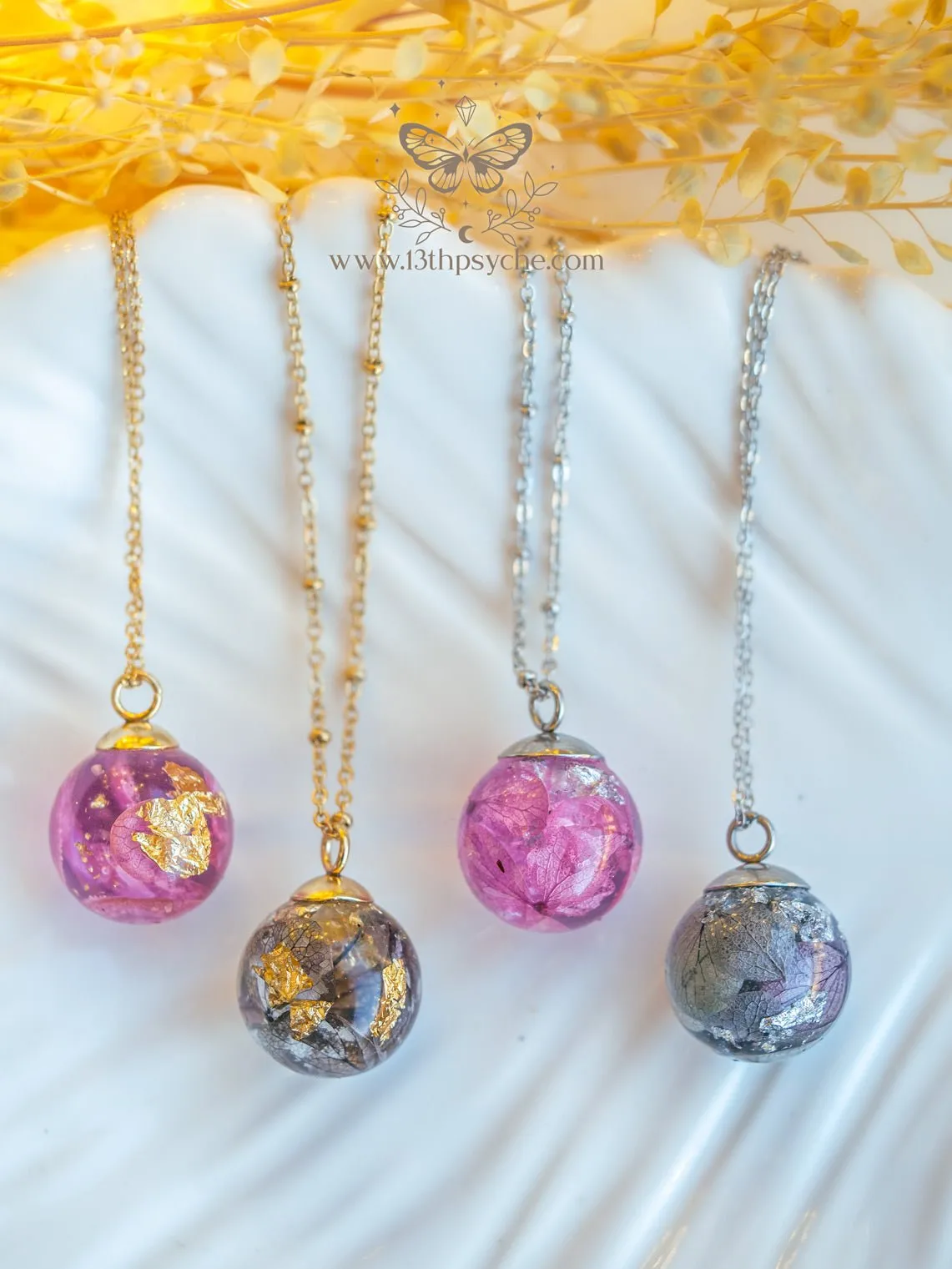 Dried hydrangea orb pendant necklace