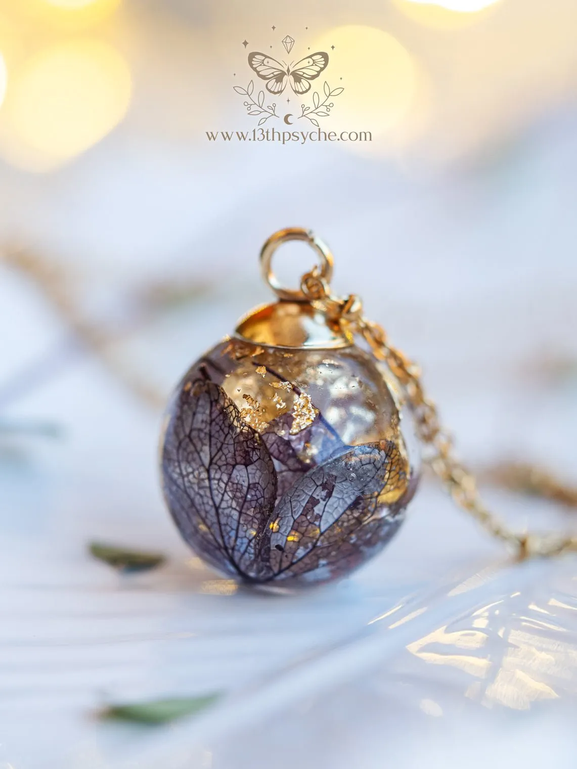 Dried hydrangea orb pendant necklace