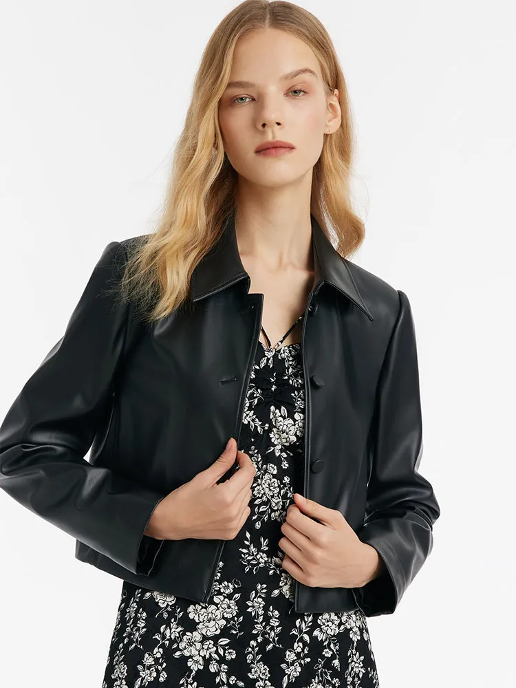 Eco-Friendly Leather Lapel Women Crop Jacket