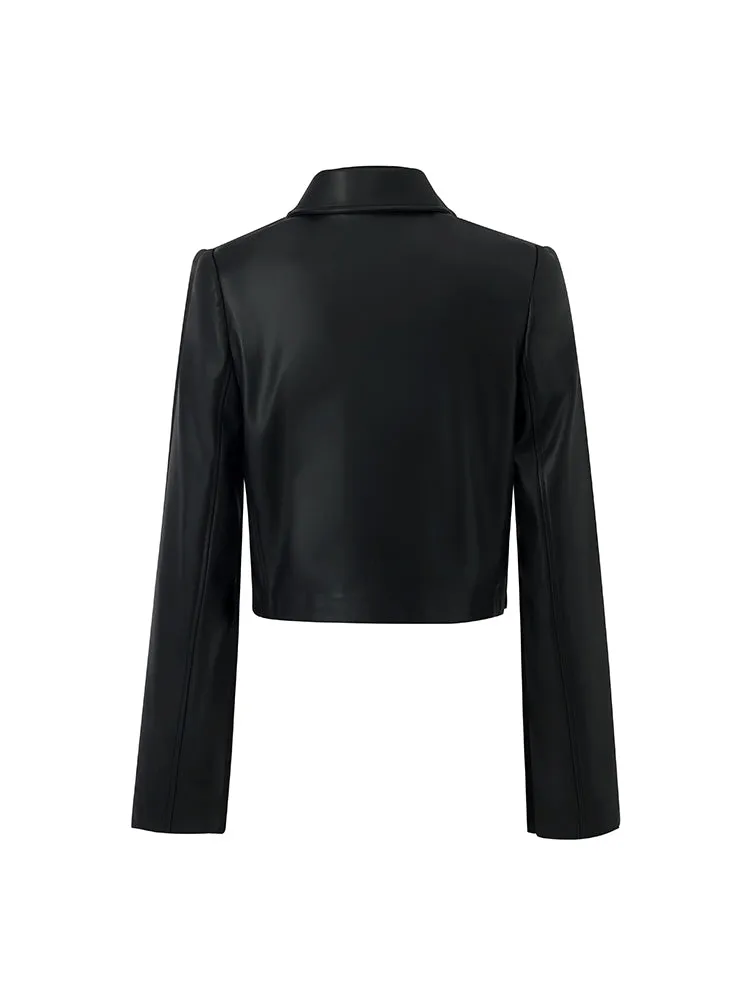 Eco-Friendly Leather Lapel Women Crop Jacket