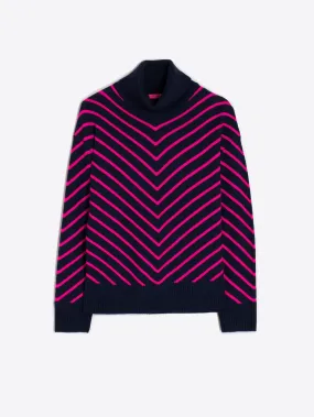 Ecru & Blue Striped High Neck Sweater