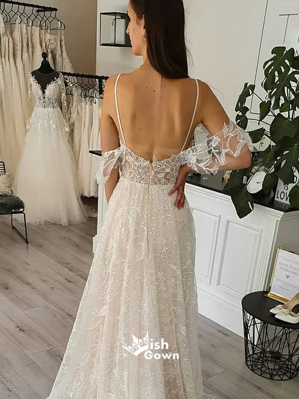 Elegant Appliques Spaghetti Straps Tulle Wedding Dress WDH069