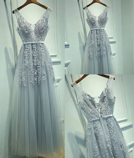 Elegant Gray A-line Tulle Long Prom Dress V Neck Prom Dresses Lace Evening Dress P0335