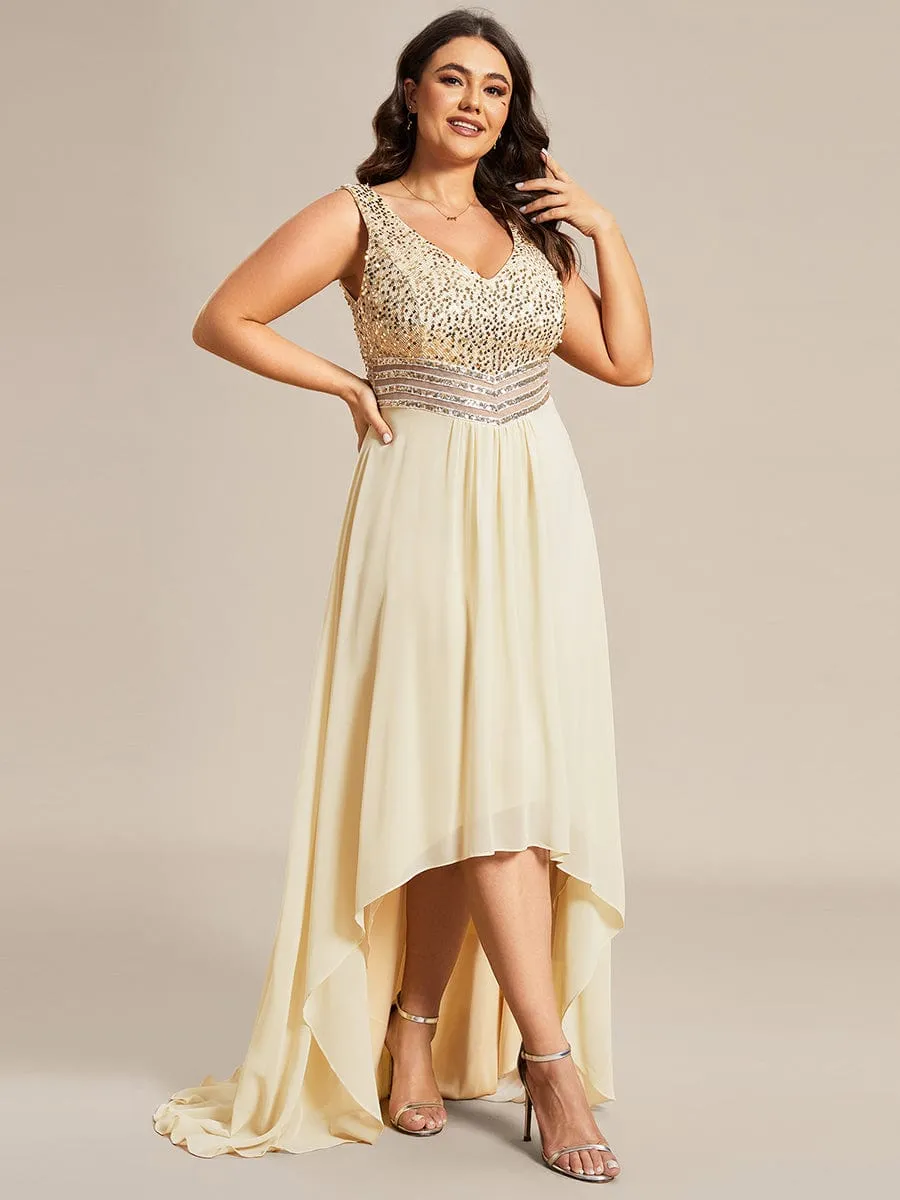 Elegant Paillette & Chiffon V-neck A-line Sleeveless Plus Size Formal Evening Dresses