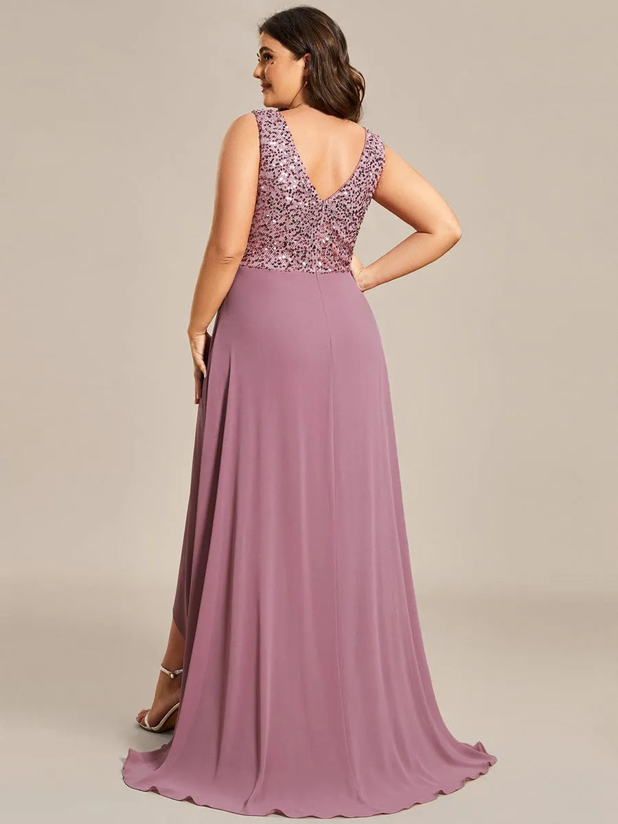 Elegant Paillette & Chiffon V-neck A-line Sleeveless Plus Size Formal Evening Dresses