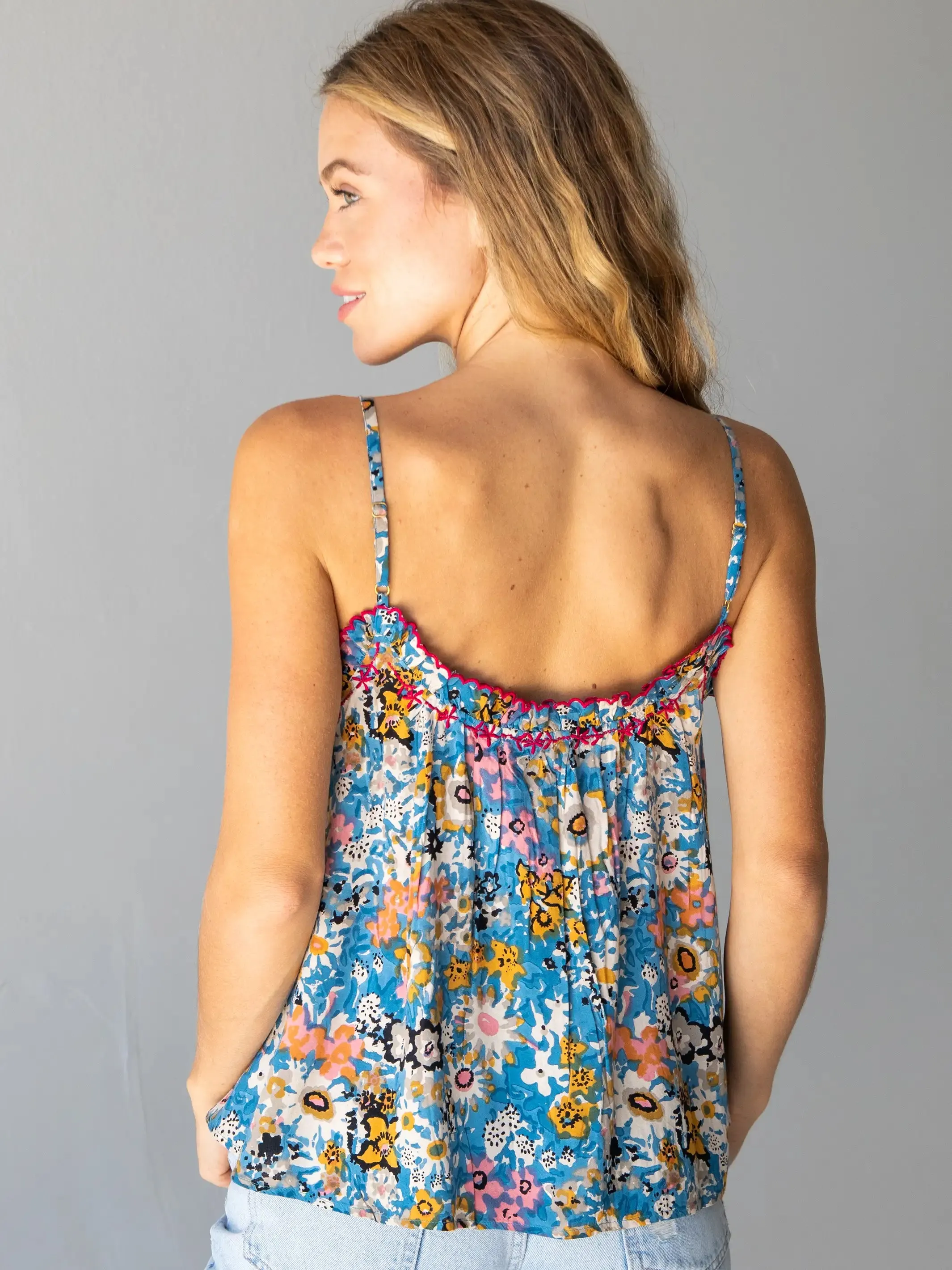 Embroidered Harley Top - Blue Tan Floral