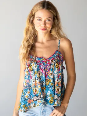 Embroidered Harley Top - Blue Tan Floral