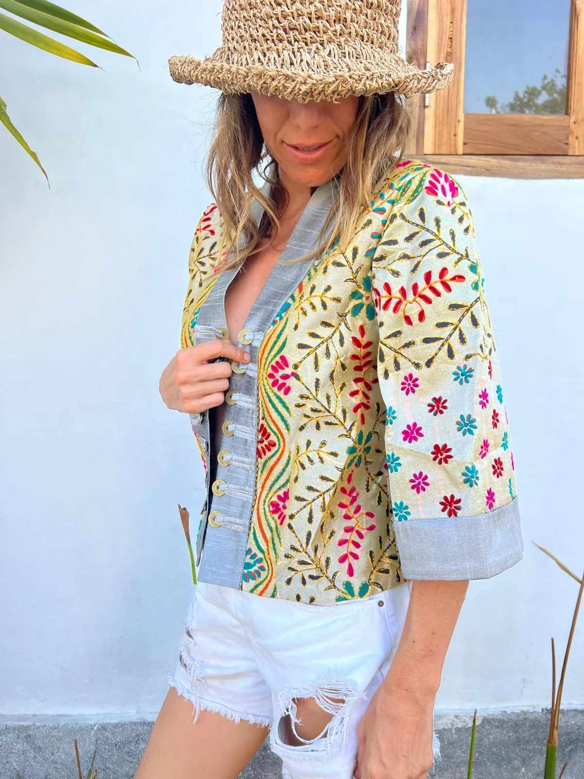 Embroidered Silk Jacket Silver/Yellow (size 8)