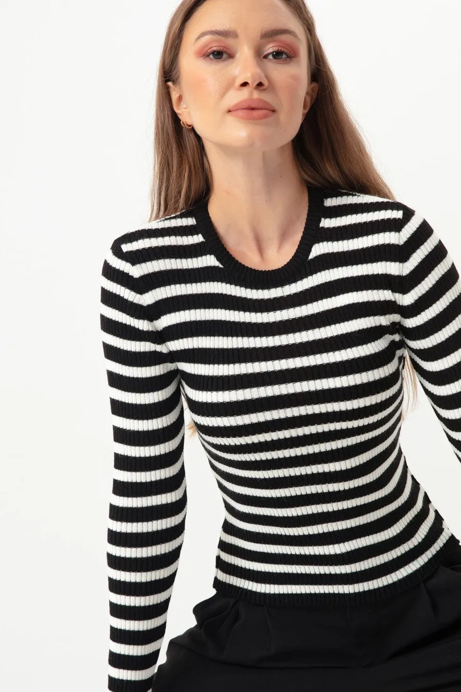 Female Striped Wick Lycra Knitwear Sweater