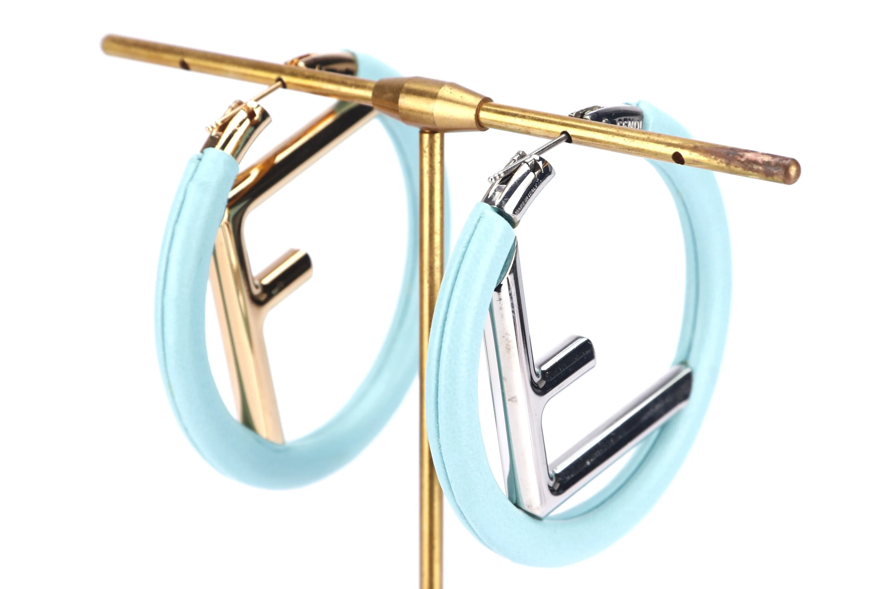 FENDI GOLD AND SILVER INITIALS WITH TURQUOISE LEATHER ROUND SHAPE EARRING, WITH BOX