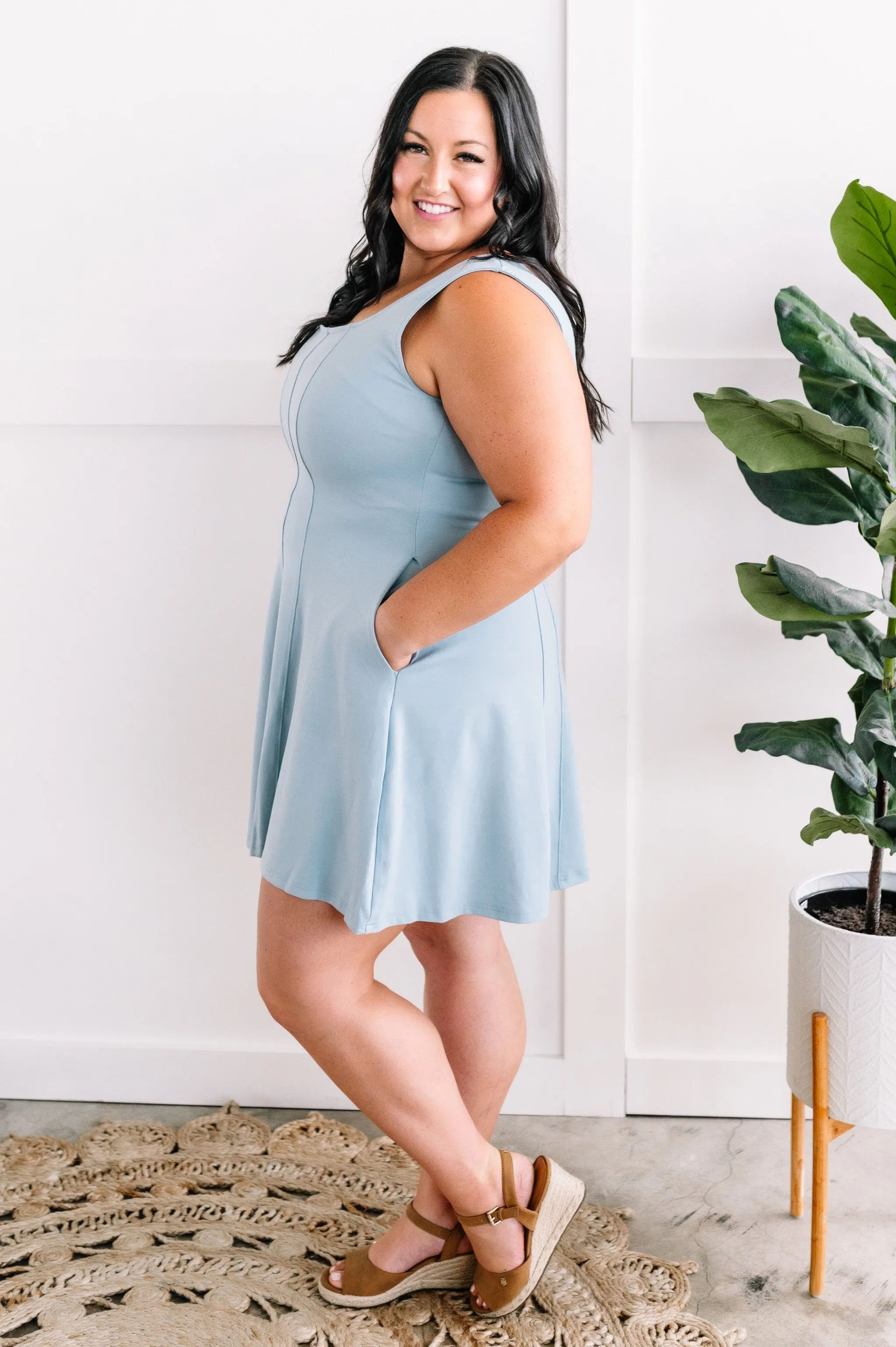 Fit & Flare Dress With Attached Shorts In Baby Blue