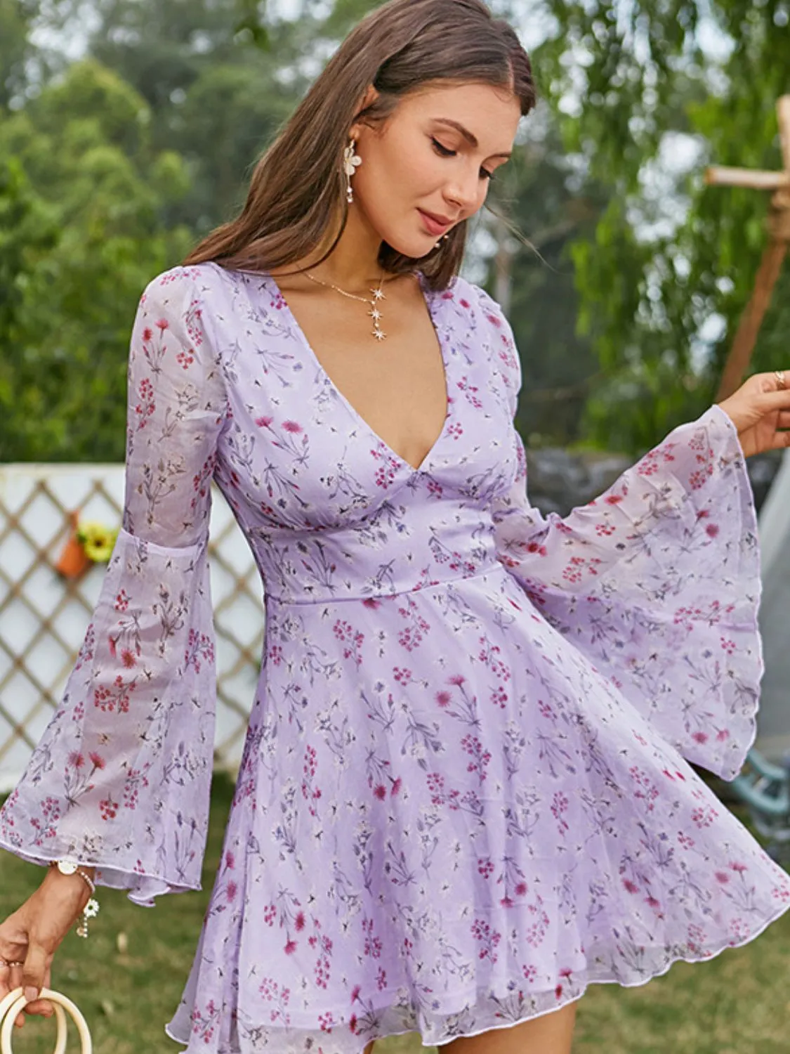 Floral Plunge Flare Sleeve Dress