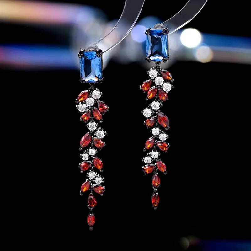 French palace style luxurious and atmospheric earrings for women super flash zircon inlaid long leaf tassel earrings