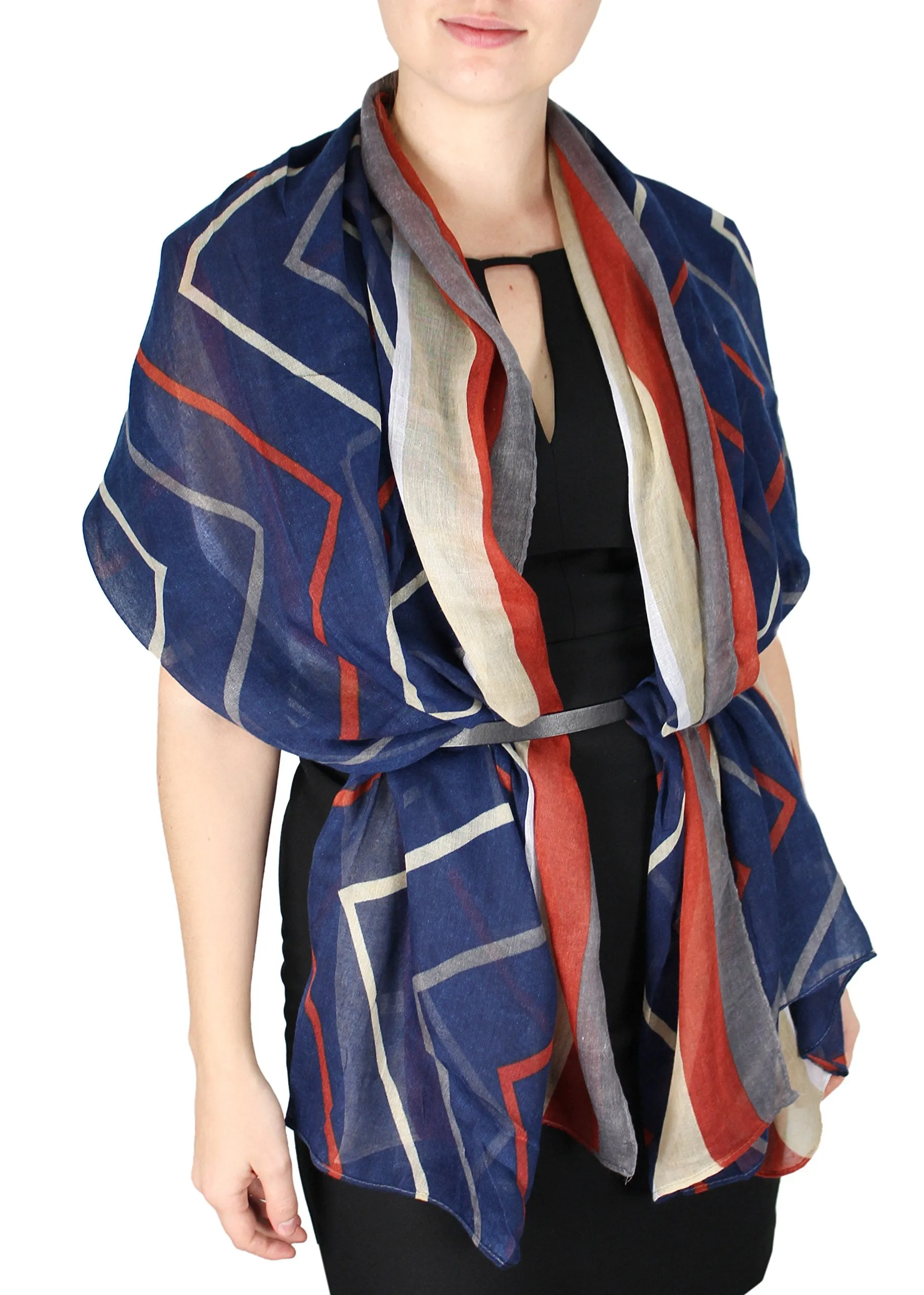 Fun Sheer Multicolored Striped Chevron Design Scarf/wrap w/Colorful Border