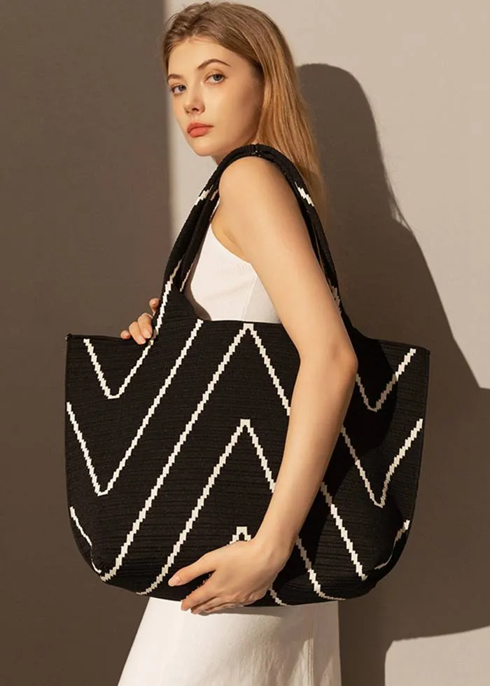 Geometric Stripe Black Spacious Canvas Tote Bag