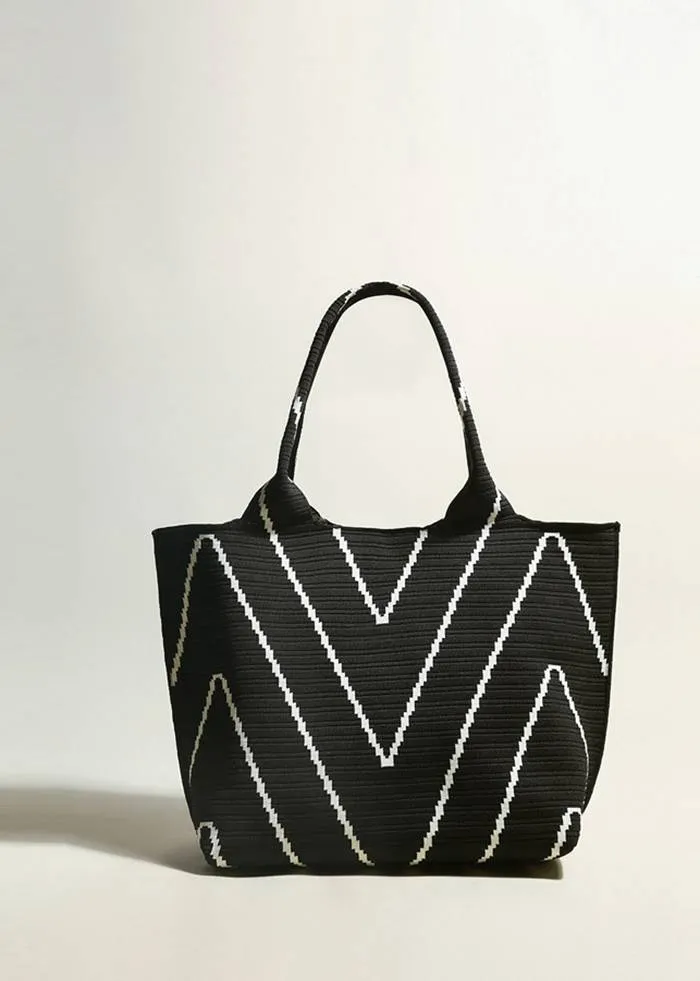 Geometric Stripe Black Spacious Canvas Tote Bag