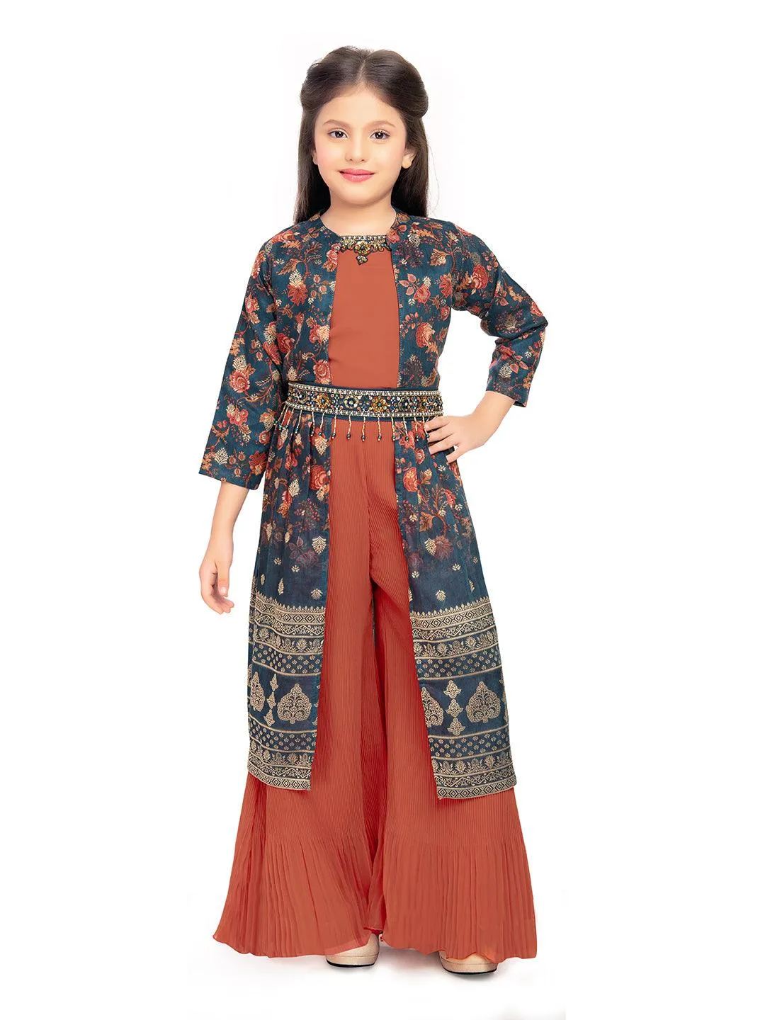 Girls Round Neck Top And Orange Palazzos With Fancy Printed Shrug & Hand Embroidery Ethnic Belt