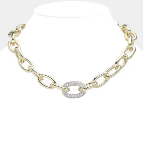 Gold CZ Stone Paved Oval Link Magnetic Necklace