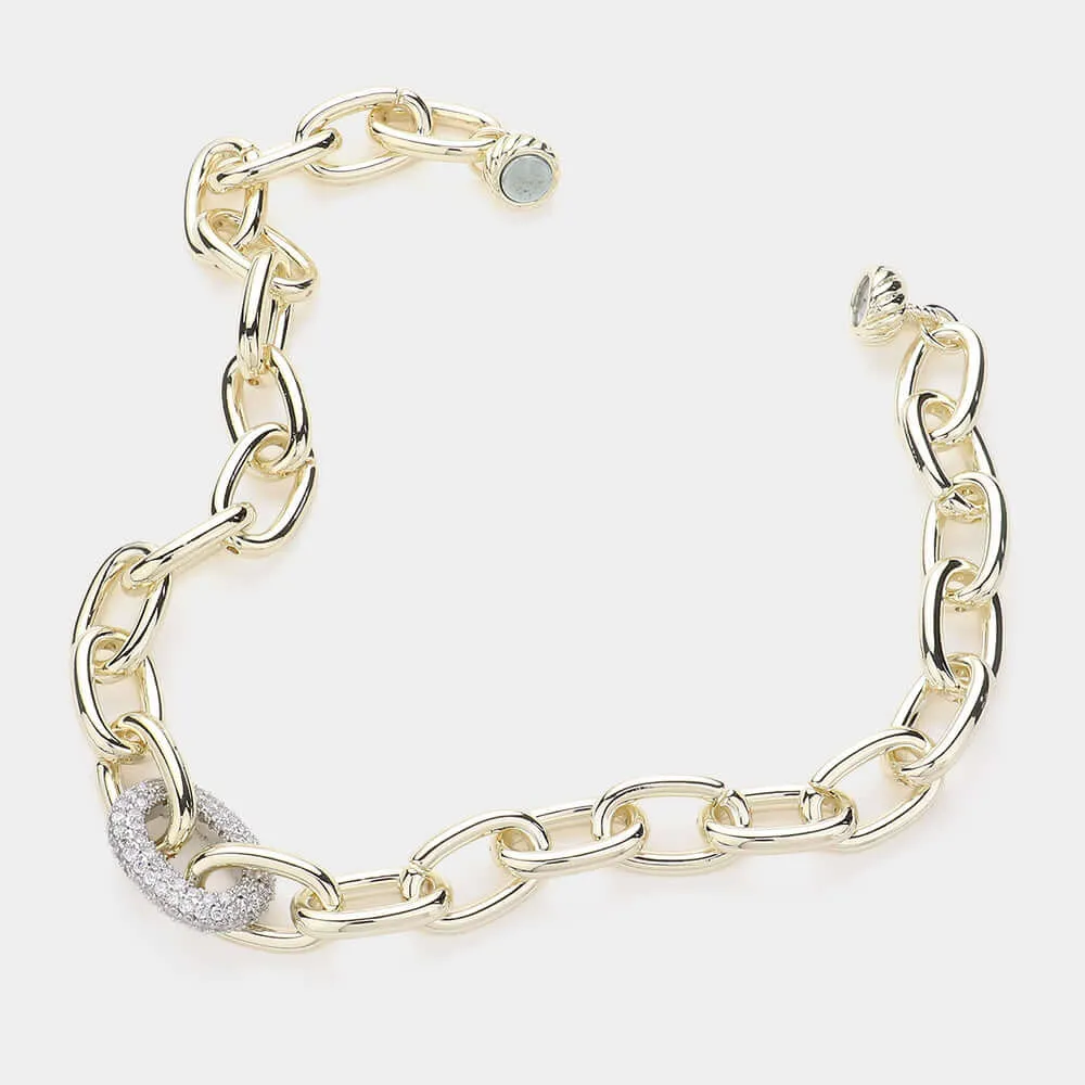 Gold CZ Stone Paved Oval Link Magnetic Necklace